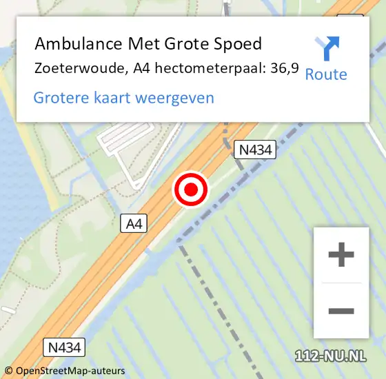 Locatie op kaart van de 112 melding: Ambulance Met Grote Spoed Naar Zoeterwoude, A4 hectometerpaal: 36,9 op 2 december 2021 12:01