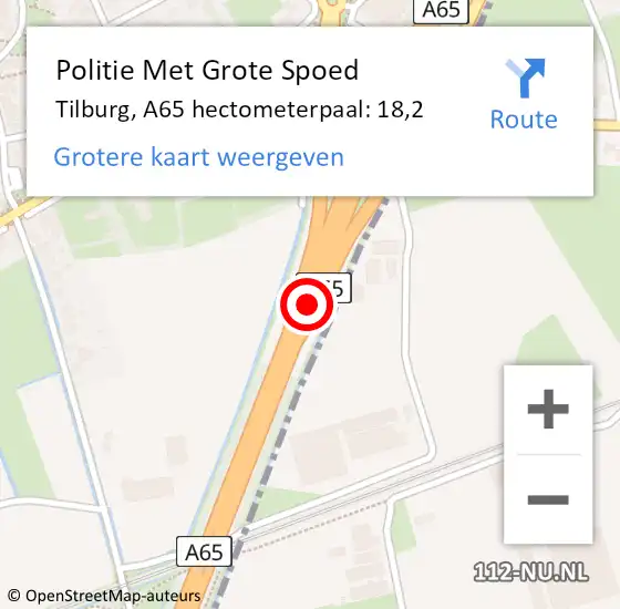 Locatie op kaart van de 112 melding: Politie Met Grote Spoed Naar Tilburg, A65 hectometerpaal: 18,2 op 2 december 2021 14:01