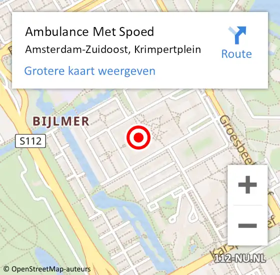 Locatie op kaart van de 112 melding: Ambulance Met Spoed Naar Amsterdam-Zuidoost, Krimpertplein op 2 december 2021 14:39