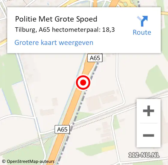 Locatie op kaart van de 112 melding: Politie Met Grote Spoed Naar Tilburg, A65 hectometerpaal: 18,3 op 2 december 2021 14:46