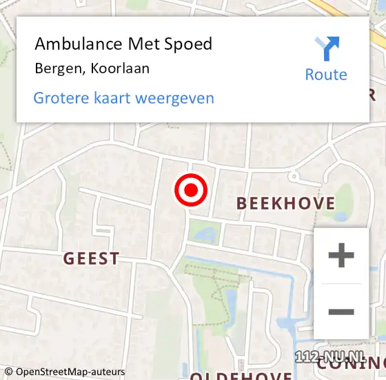 Locatie op kaart van de 112 melding: Ambulance Met Spoed Naar Bergen, Koorlaan op 2 december 2021 15:17