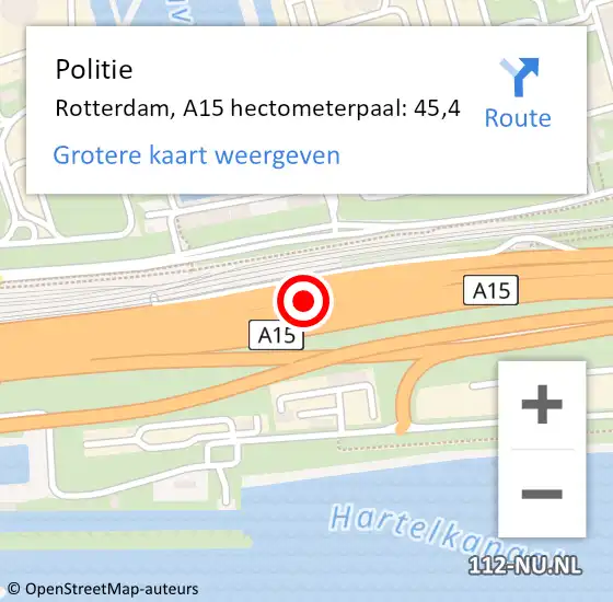 Locatie op kaart van de 112 melding: Politie Rotterdam, A15 hectometerpaal: 45,4 op 2 december 2021 16:50