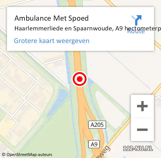 Locatie op kaart van de 112 melding: Ambulance Met Spoed Naar Haarlemmerliede en Spaarnwoude, A9 hectometerpaal: 42 op 2 december 2021 17:04
