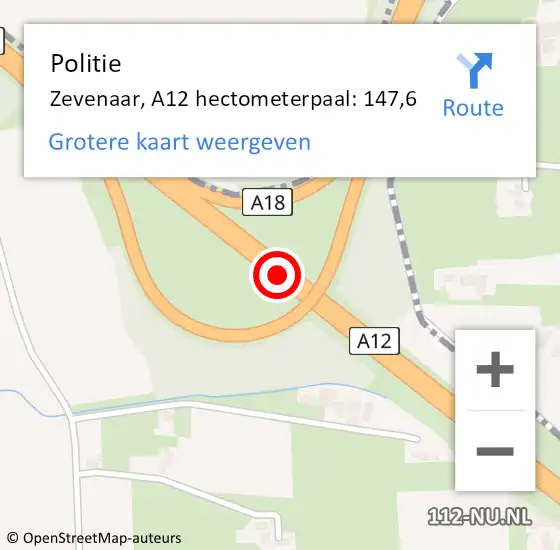 Locatie op kaart van de 112 melding: Politie Zevenaar, A12 hectometerpaal: 147,6 op 2 december 2021 17:17