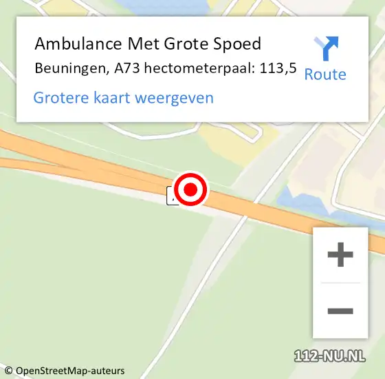 Locatie op kaart van de 112 melding: Ambulance Met Grote Spoed Naar Beuningen, A73 hectometerpaal: 113,5 op 2 december 2021 17:35