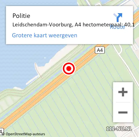 Locatie op kaart van de 112 melding: Politie Leidschendam-Voorburg, A4 hectometerpaal: 40,1 op 2 december 2021 17:43