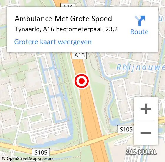 Locatie op kaart van de 112 melding: Ambulance Met Grote Spoed Naar Tynaarlo, A16 hectometerpaal: 23,2 op 2 december 2021 17:51