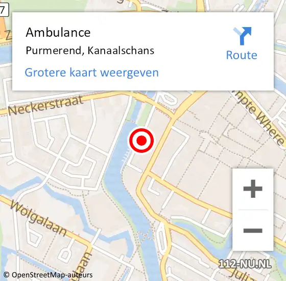 Locatie op kaart van de 112 melding: Ambulance Purmerend, Kanaalschans op 2 december 2021 20:11