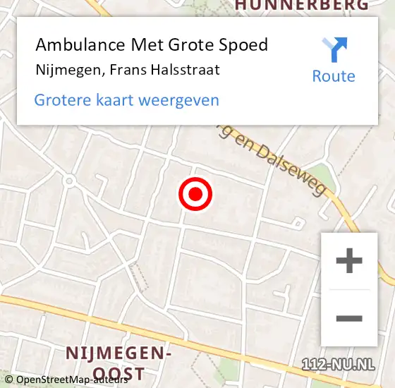 Locatie op kaart van de 112 melding: Ambulance Met Grote Spoed Naar Nijmegen, Frans Halsstraat op 2 december 2021 21:55