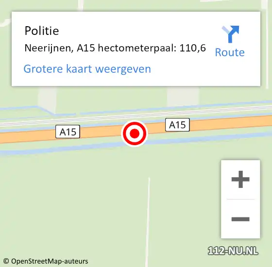 Locatie op kaart van de 112 melding: Politie Neerijnen, A15 hectometerpaal: 110,6 op 2 december 2021 22:41