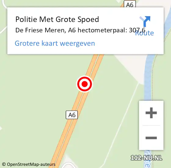 Locatie op kaart van de 112 melding: Politie Met Grote Spoed Naar De Friese Meren, A6 hectometerpaal: 307,6 op 2 december 2021 22:43