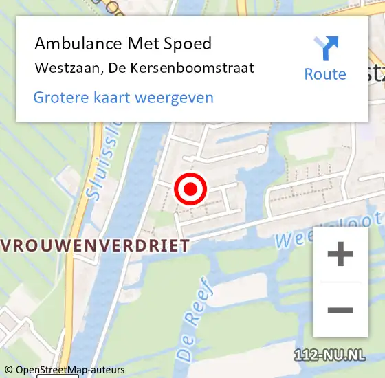 Locatie op kaart van de 112 melding: Ambulance Met Spoed Naar Westzaan, De Kersenboomstraat op 2 december 2021 22:46