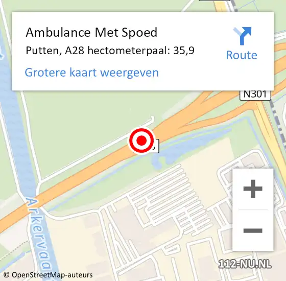 Locatie op kaart van de 112 melding: Ambulance Met Spoed Naar Putten, A28 hectometerpaal: 35,9 op 3 december 2021 01:38