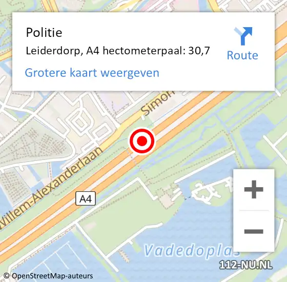 Locatie op kaart van de 112 melding: Politie Leiderdorp, A4 hectometerpaal: 30,7 op 3 december 2021 07:53