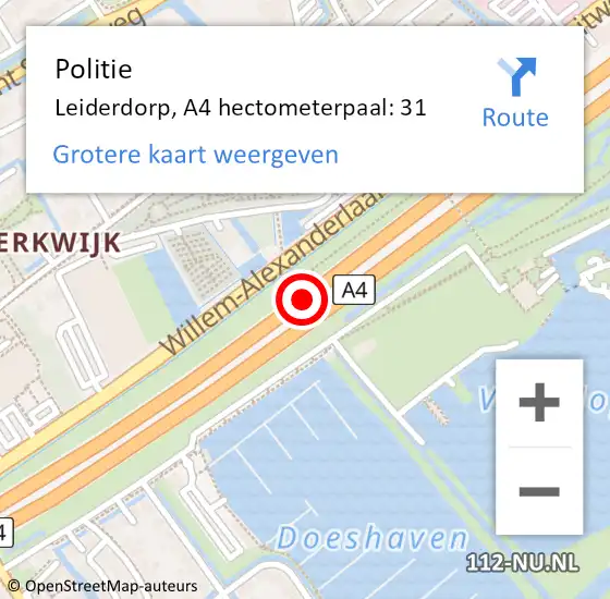 Locatie op kaart van de 112 melding: Politie Leiderdorp, A4 hectometerpaal: 31 op 3 december 2021 07:55