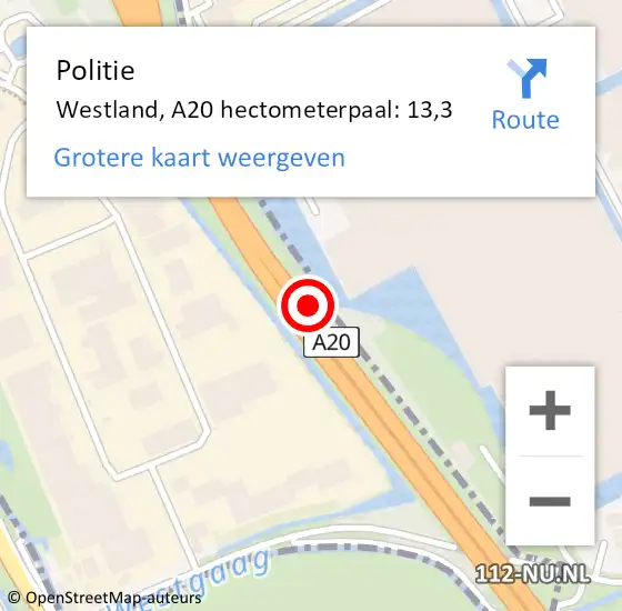 Locatie op kaart van de 112 melding: Politie Westland, A20 hectometerpaal: 13,3 op 3 december 2021 08:06