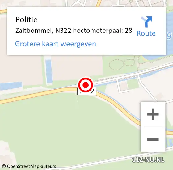 Locatie op kaart van de 112 melding: Politie Zaltbommel, N322 hectometerpaal: 28 op 3 december 2021 08:10