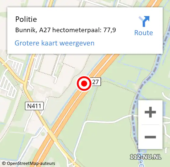 Locatie op kaart van de 112 melding: Politie Bunnik, A27 hectometerpaal: 77,9 op 3 december 2021 08:42