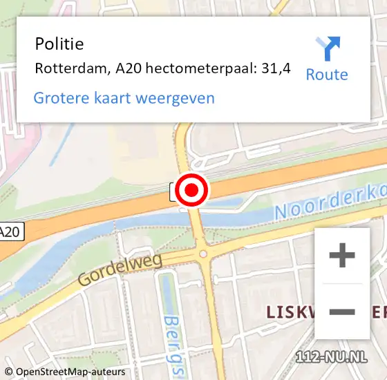 Locatie op kaart van de 112 melding: Politie Rotterdam, A20 hectometerpaal: 31,4 op 3 december 2021 08:54