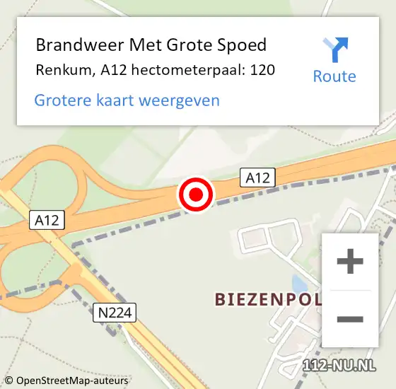 Locatie op kaart van de 112 melding: Brandweer Met Grote Spoed Naar Renkum, A12 hectometerpaal: 120 op 3 december 2021 09:44