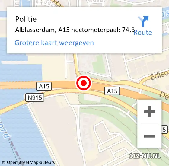 Locatie op kaart van de 112 melding: Politie Alblasserdam, A15 hectometerpaal: 74,3 op 3 december 2021 10:52