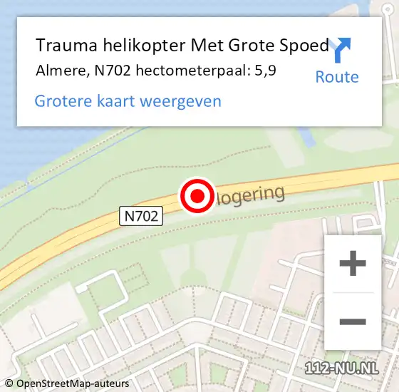 Locatie op kaart van de 112 melding: Trauma helikopter Met Grote Spoed Naar Almere, N702 hectometerpaal: 5,9 op 3 december 2021 13:41