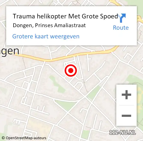 Locatie op kaart van de 112 melding: Trauma helikopter Met Grote Spoed Naar Dongen, Prinses Amaliastraat op 3 december 2021 13:45