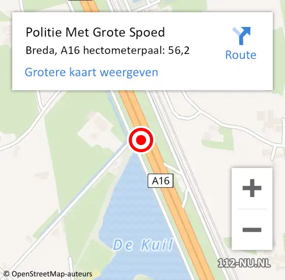 Locatie op kaart van de 112 melding: Politie Met Grote Spoed Naar Breda, A16 hectometerpaal: 56,2 op 3 december 2021 15:05