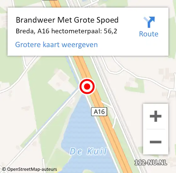 Locatie op kaart van de 112 melding: Brandweer Met Grote Spoed Naar Breda, A16 hectometerpaal: 56,2 op 3 december 2021 15:07