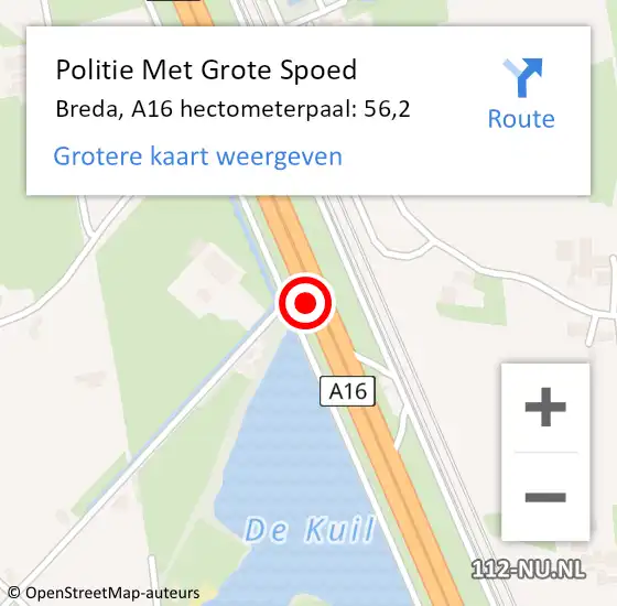 Locatie op kaart van de 112 melding: Politie Met Grote Spoed Naar Breda, A16 hectometerpaal: 56,2 op 3 december 2021 15:10