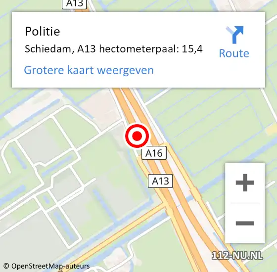 Locatie op kaart van de 112 melding: Politie Rotterdam, A13 hectometerpaal: 15,4 op 3 december 2021 15:11