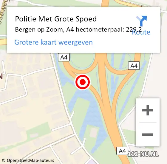 Locatie op kaart van de 112 melding: Politie Met Grote Spoed Naar Bergen op Zoom, A4 hectometerpaal: 229,2 op 3 december 2021 15:12
