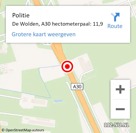 Locatie op kaart van de 112 melding: Politie De Wolden, A30 hectometerpaal: 11,9 op 3 december 2021 15:20