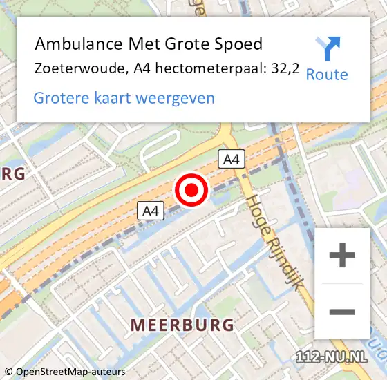 Locatie op kaart van de 112 melding: Ambulance Met Grote Spoed Naar Zoeterwoude, A4 hectometerpaal: 32,2 op 3 december 2021 15:46
