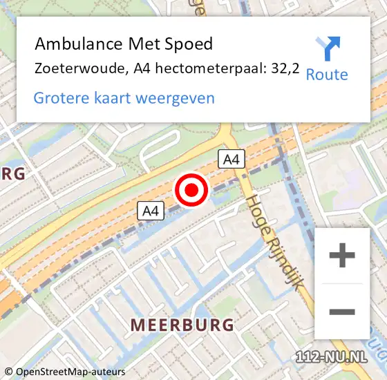 Locatie op kaart van de 112 melding: Ambulance Met Spoed Naar Zoeterwoude, A4 hectometerpaal: 32,2 op 3 december 2021 15:49