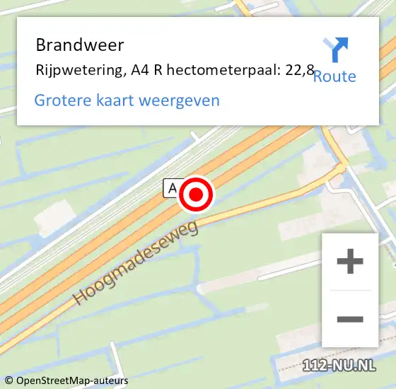 Locatie op kaart van de 112 melding: Brandweer Rijpwetering, A4 R hectometerpaal: 22,8 op 1 juli 2014 09:57