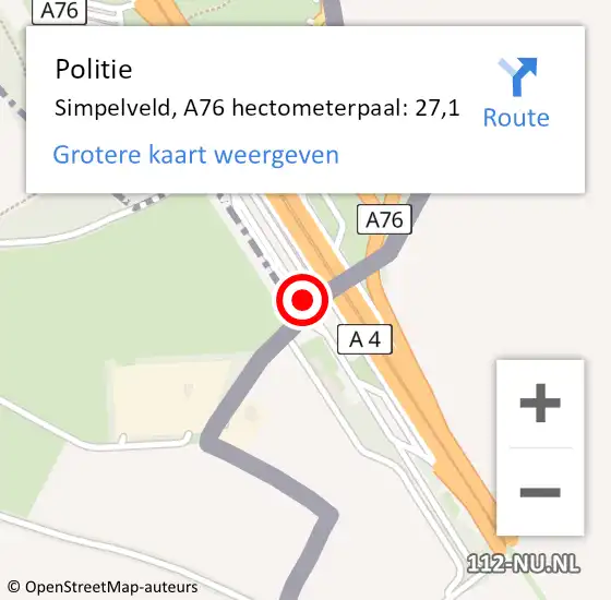 Locatie op kaart van de 112 melding: Politie Simpelveld, A76 hectometerpaal: 27,1 op 3 december 2021 17:51