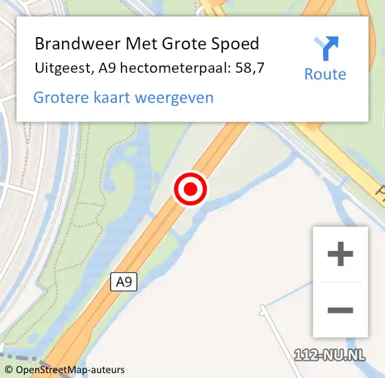 Locatie op kaart van de 112 melding: Brandweer Met Grote Spoed Naar Uitgeest, A9 hectometerpaal: 58,7 op 3 december 2021 18:12