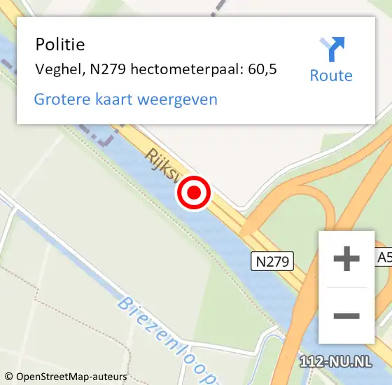 Locatie op kaart van de 112 melding: Politie Veghel, N279 hectometerpaal: 60,5 op 3 december 2021 18:43
