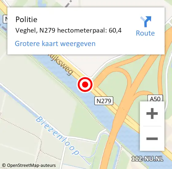 Locatie op kaart van de 112 melding: Politie Veghel, N279 hectometerpaal: 60,4 op 3 december 2021 18:45