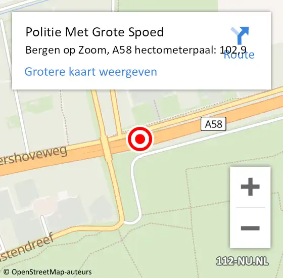 Locatie op kaart van de 112 melding: Politie Met Grote Spoed Naar Bergen op Zoom, A58 hectometerpaal: 102,9 op 3 december 2021 20:22