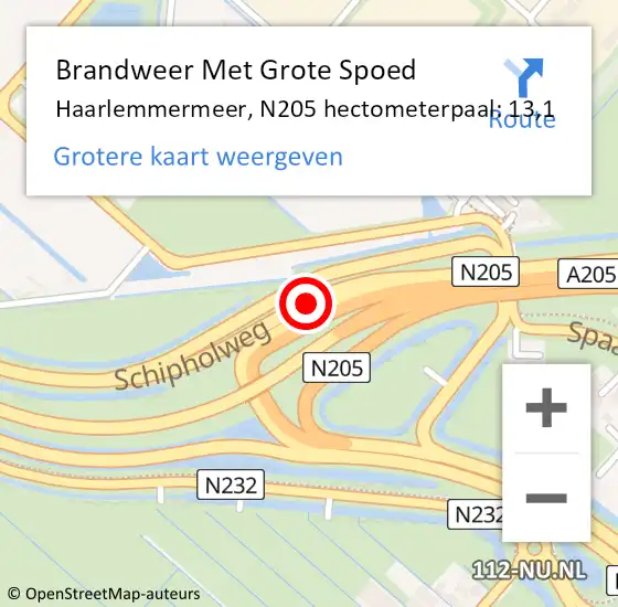 Locatie op kaart van de 112 melding: Brandweer Met Grote Spoed Naar Haarlemmermeer, N205 hectometerpaal: 13,1 op 4 december 2021 00:00