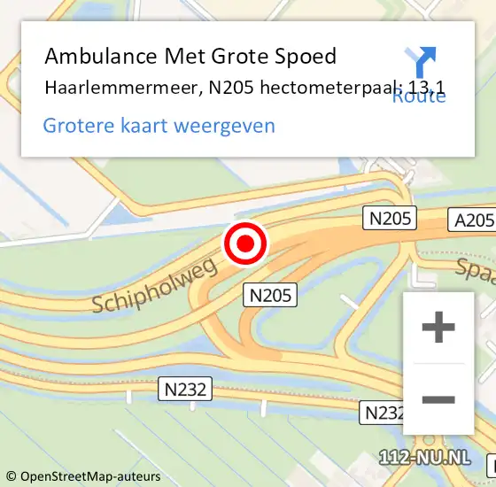 Locatie op kaart van de 112 melding: Ambulance Met Grote Spoed Naar Haarlemmermeer, N205 hectometerpaal: 13,1 op 4 december 2021 00:01