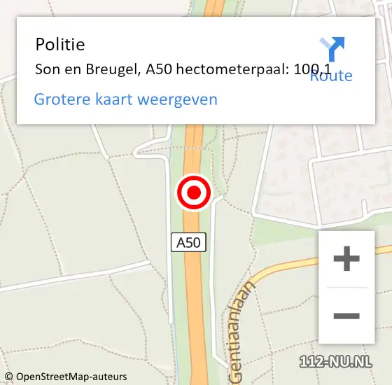 Locatie op kaart van de 112 melding: Politie Son en Breugel, A50 hectometerpaal: 100,1 op 4 december 2021 00:20