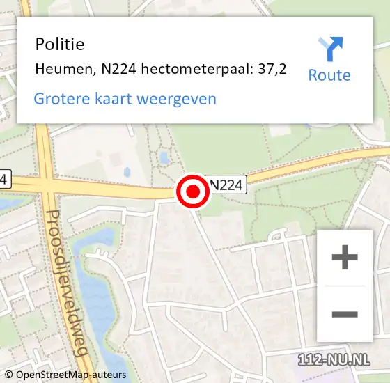Locatie op kaart van de 112 melding: Politie Heumen, N224 hectometerpaal: 37,2 op 4 december 2021 01:07