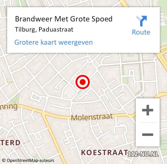 Locatie op kaart van de 112 melding: Brandweer Met Grote Spoed Naar Tilburg, Paduastraat op 4 december 2021 06:54