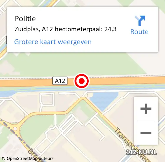 Locatie op kaart van de 112 melding: Politie Zuidplas, A12 hectometerpaal: 24,3 op 4 december 2021 09:59