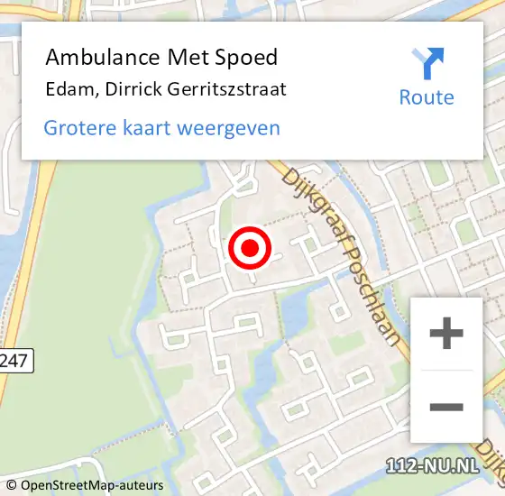 Locatie op kaart van de 112 melding: Ambulance Met Spoed Naar Edam, Dirrick Gerritszstraat op 4 december 2021 13:07
