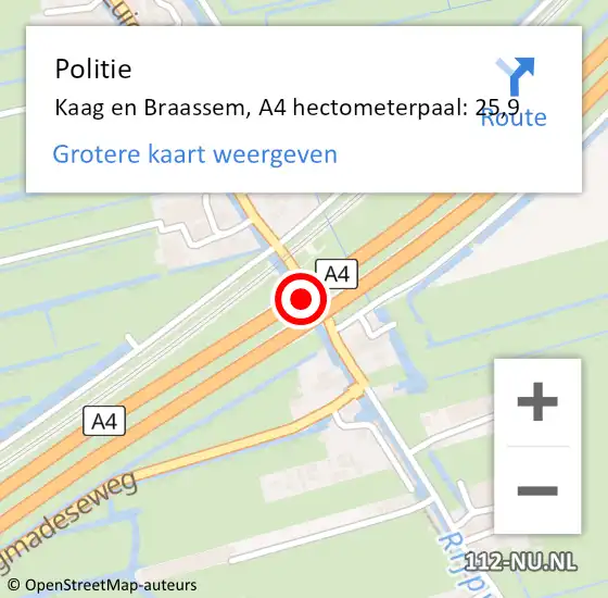 Locatie op kaart van de 112 melding: Politie Kaag en Braassem, A4 hectometerpaal: 25,9 op 4 december 2021 14:17