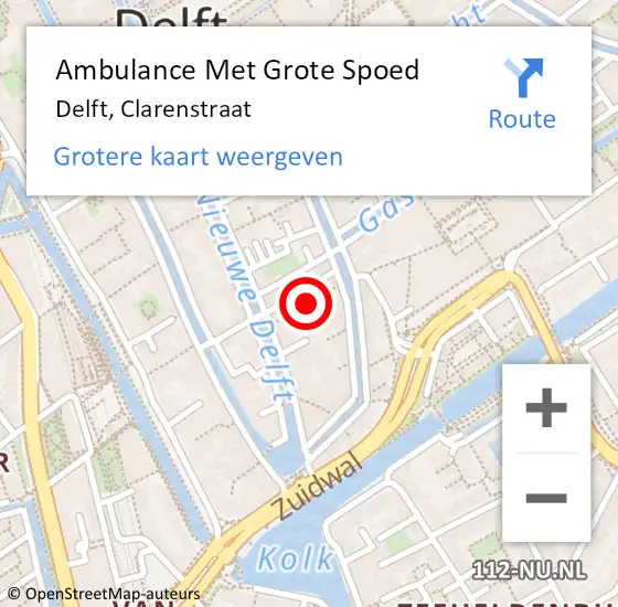 Locatie op kaart van de 112 melding: Ambulance Met Grote Spoed Naar Delft, Clarenstraat op 4 december 2021 14:19